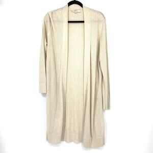 Loft Open Front Long Cardigan Sweater Womens Size Large Beige Oatmeal Rib Knit
